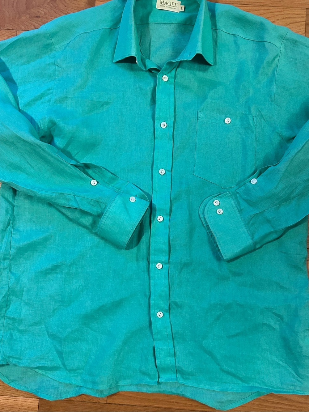 Men’s Teal Magee 1866 button-up Benbaun shirt 100% Irish Linen sizeL - Picture 2 of 6